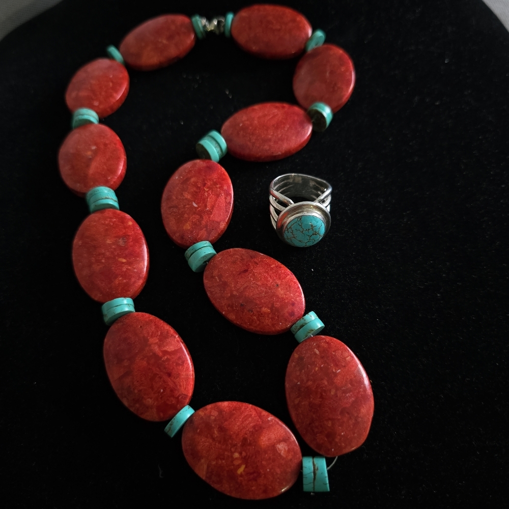 Vintage Turquoise and Graduated Sponge Coral 925 Beaded Necklace & Ring